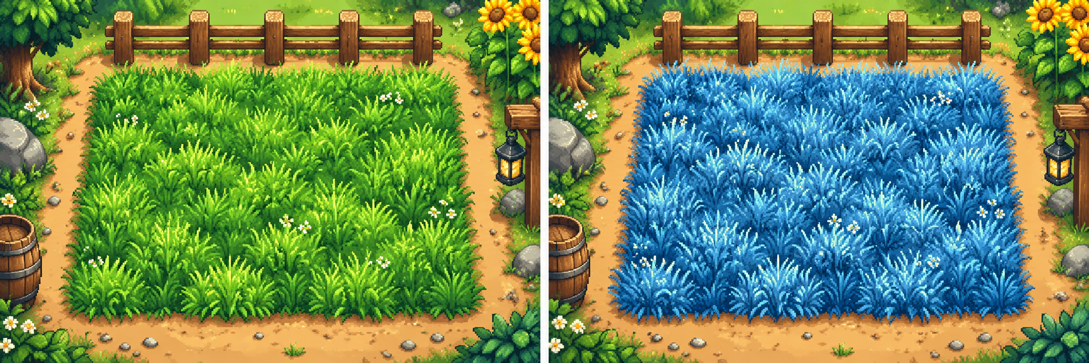 Illustrated green and blue grass plots of matching size. This is a visual explanation, not a measured growth test.