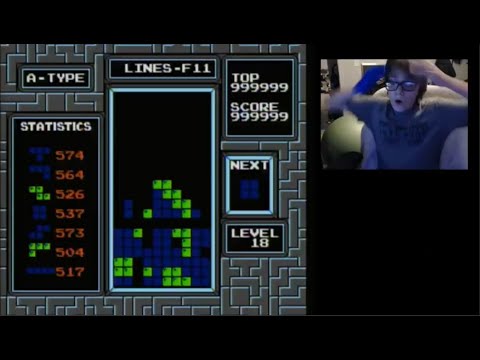 Thumbnail from Blue Scuti's original record video, showing NES Tetris gameplay and his reaction.
